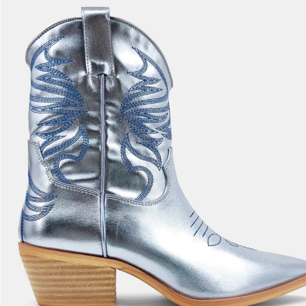 SOLDSilver Boot with blue stitching NWOT